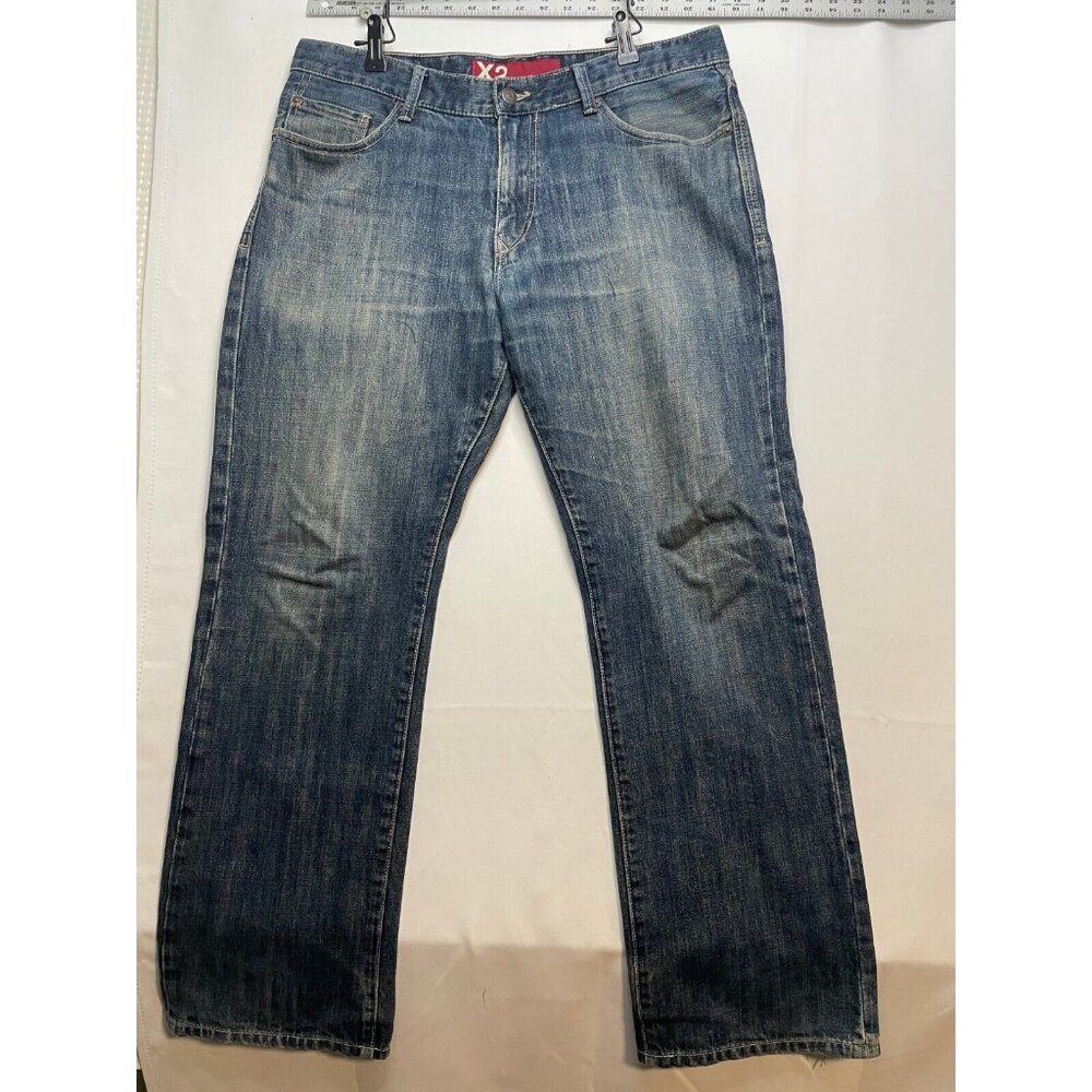 X2 jeans mens 34 x 30 Quality Denim M11 slim low rise straight distressed blue
